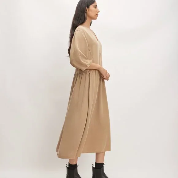NWOT Everlane The TENCEL™ Puff-Sleeve Dress Tan (Cornstalk) - Size M - Picture 3 of 14